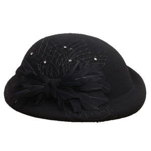 Elegant black wool beret with mesh veil, feathers and rhinestones for formal events