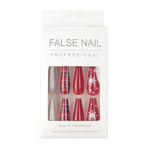 Christmas false nail kit with red snowflakes and silver glitter long ballet shape 24pcs set