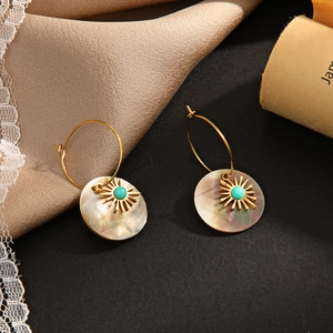 Golden hoop earrings with natural shell pendant and sunburst turquoise center design