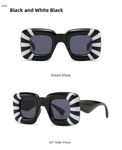 Front and 45-degree side views of bold black sunglasses with white radial stripes