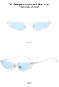 Detailed front and side views of transparent cat-eye sunglasses with light blue lenses