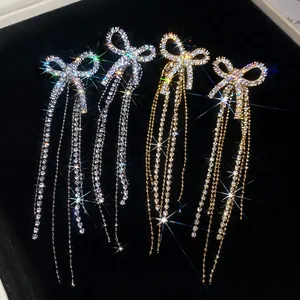 Bow Tassel Drop Earrings Zircon Copper With Silver Earring Post Long Dangle Elegant Jewelry For Women