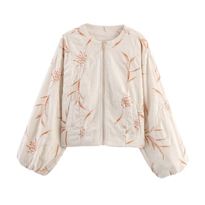 Women Short Jacket Floral Embroidered Round Neck Metal Zipper Lantern Sleeves Retro Loose Outerwear