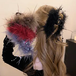 Large Hair Claw Clip With Fluffy Feather And Faux Artificial Pearl Beaded Tassel Vintage Elegant Shark Clip For Women Girls