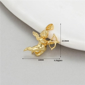 Detailed view of 14K gold-filled Cupid wing pendant with 23.9mm height and 22mm width