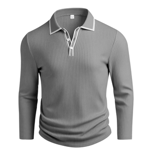 Close-up of grey ribbed long-sleeve polo shirt with contrast white trim on collar