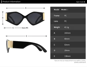 Detailed size guide showing frame width, lens height and arm length of modern sunglasses