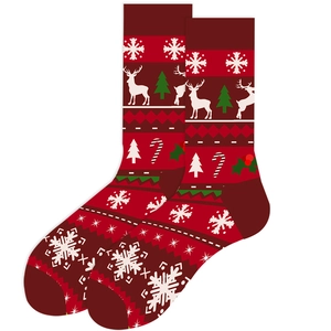 Festive Christmas mid-calf socks with reindeer, snowflakes and trees in red and brown