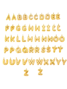 Collection of golden bubble letter charms A to Z in stainless steel on white background