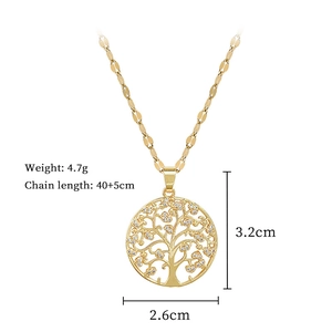 Macro view of gold Tree of Life pendant with white zircons and dimensions display