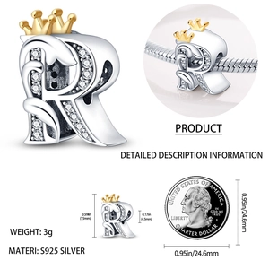 Letter R charm bead in 925 silver with gold crown and sparkling cubic zirconia stones