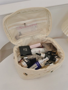 Corduroy bear cosmetic bag with large capacity and mesh compartments in cream white