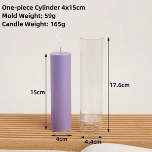 Detail view of transparent acrylic cylinder candle mold with finished lavender candle