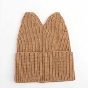 Winter camel knit beanie for kids with cute cat ears and warm ribbed texture