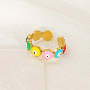 Adjustable golden stainless steel evil eye ring with multi-color enamel inlay details