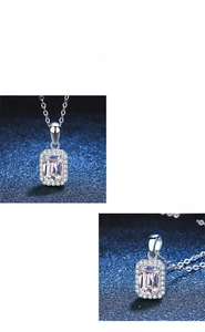Macro view of Radiant cut Moissanite pendant with halo setting in S925 silver