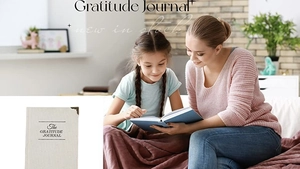 Detailed view of linen Gratitude Journal featuring protective gold metal corners
