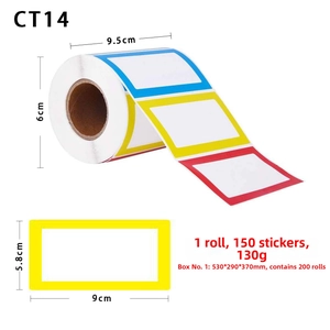 Macro view of colorful thermal name labels showing dimensions and roll specifications