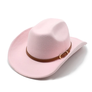 Detailed view of pink felt cowboy hat with brown faux leather band and metal buckle