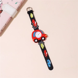 Detail of red cartoon car dial and black rubber strap on this kids sport watch