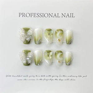 Handmade Press On Nails Light Green Gradient Summer Fresh 3D Butterfly Rhinestone Coffin Fake Nails For Women