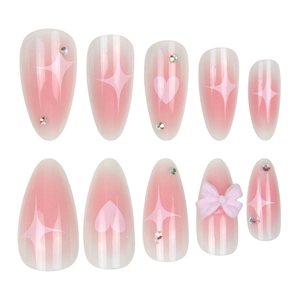 Pink heart gradient almond press-on nails with 3D bow and sparkling rhinestones