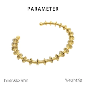 Detaillierte Parameteransicht des goldenen Federarmreifens mit 65x7mm Maßen und 9g Gewicht
