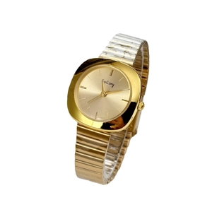 Elegant gold square dial women's quartz watch with flexible metal strap on white background