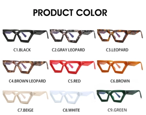 Detailed catalog of 9 colored irregular eyewear frames with geometric design in 3x3 layout