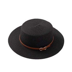 Flat top black straw sun hat with brown leather strap and gold buckle detail