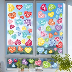 Colorful heart-shaped Valentine's window static clings with sweet romantic phrases