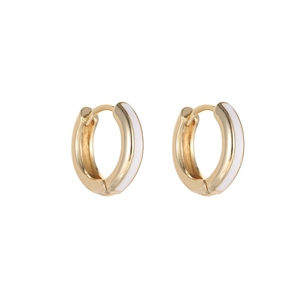 Minimalist 14K gold plated hoop earrings with white enamel stripe on a clean white background
