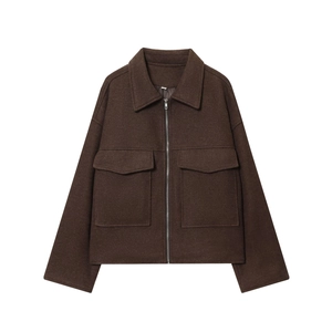 Veste courte femme rétro marron en laine avec fermeture éclair et grandes poches à rabat