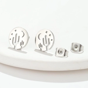 Minimalist silver镂空cactus and crescent moon stud earrings in polished stainless steel