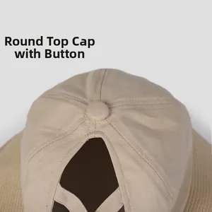 Close-up of the breathable dome-top design and button detail on a beige sun hat