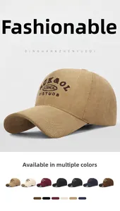 Detail view of corduroy baseball cap with embroidered lettering in multiple colors