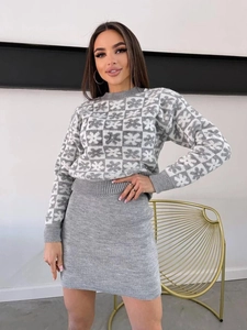 Women's grey and white Fair Isle knit sweater and mini skirt two-piece set