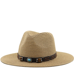 Western Cowboy Straw Fedora Hat With Turquoise Wood Beads Leather Band Wide Brim Sun Protection Sunshade For Men Women