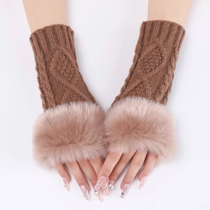 Brown cable knit fingerless gloves with soft faux fur trim for autumn and winter warmth