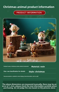 Macro detail of resin Christmas miniatures like Santa and reindeer on wooden stands