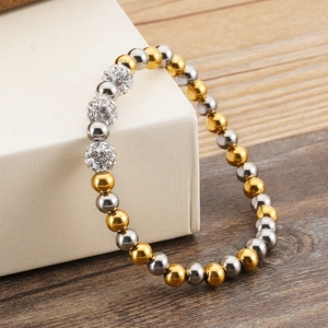 Beaded titanium steel bracelet with gold and silver beads and sparkling zircon balls