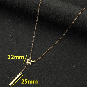 18K gold plated necklace with star and vertical bar pendants on black leather background