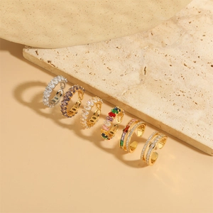 Adjustable Copper Ring For Women With Zircon Geometric 14K Gold Plated Eternity Finger Ring Minimalist Trendy Jewelry