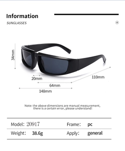 Detailed size chart of black Y2K punk sunglasses showing lens and frame dimensions