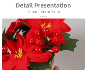Detailed close-up of Christmas poinsettia flowers with red berries and green leaves