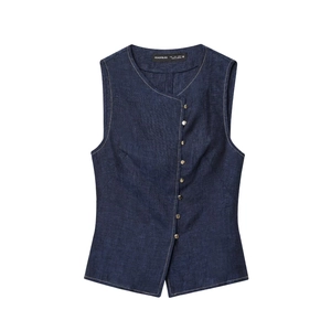 Women's dark blue denim vest with round neck and single-breasted buttons in a flat lay view