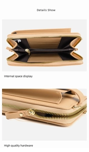 Detailed interior of khaki flower phone bag showing card slots and smooth zipper