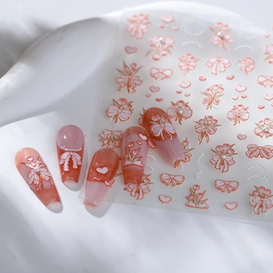 5D butterfly and tulip embossed nail art stickers with sweet pink bow designs