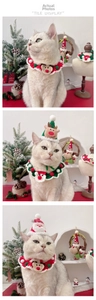 Detail view of handmade Christmas cat collar and knitted Santa hat set for pets