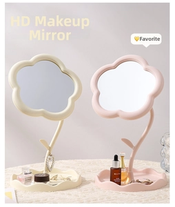 Detail of flower-shaped vanity mirror with base tray for jewelry storage in soft colors